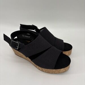 Tom's Claudine Wedge Sandals Women's 7.5 Black Cork Heel‎ Buckle Sustainable